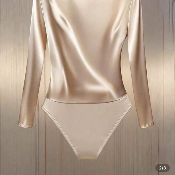 SHEIN Champagne Satin Bodysuit | Off Shoulder Draped Top - Picture 2 of 3